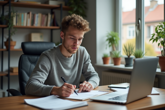 Jeune étudiant en étude de dossier dans son appartement