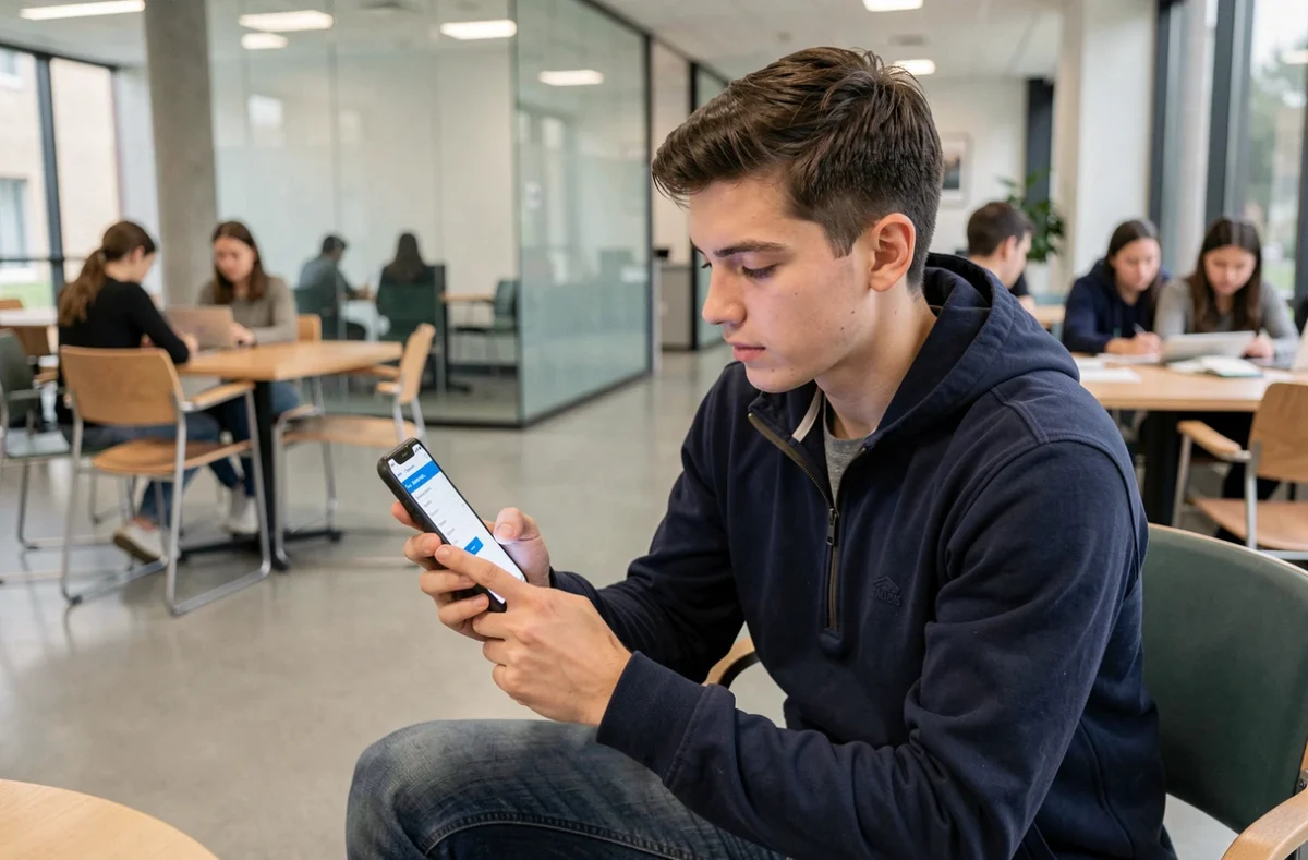 Étudiant consultant son smartphone pour réinitialiser son mot de passe de l'espace numérique My Campus dans une salle commune universitaire