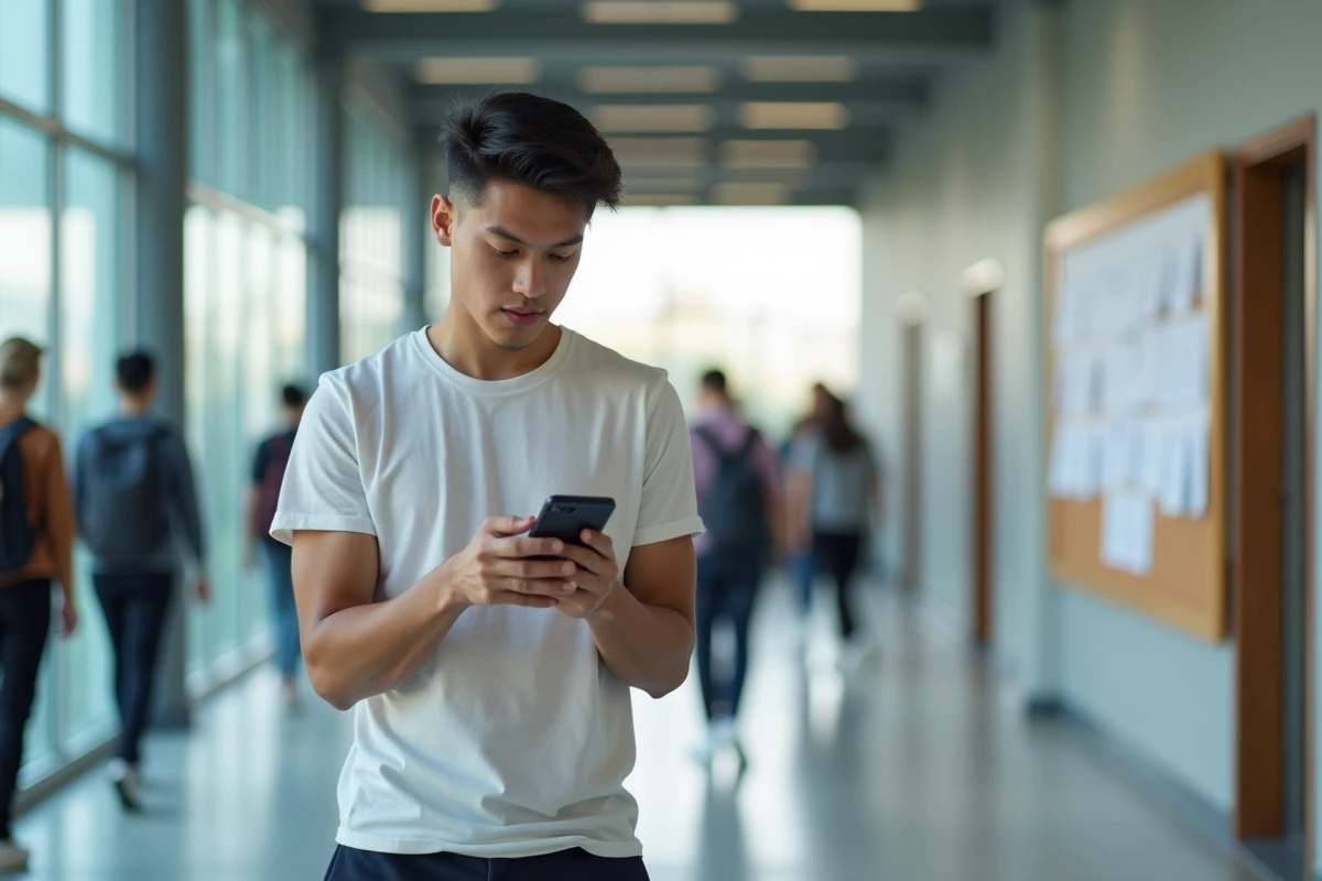 Étudiant consultant son emploi du temps de l'université d'Angers synchronisé sur Google Agenda via son smartphone dans un couloir de campus