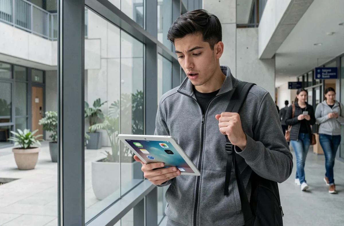 Étudiant masculin examinant des applications mobiles universitaires sur tablette dans un couloir de campus moderne