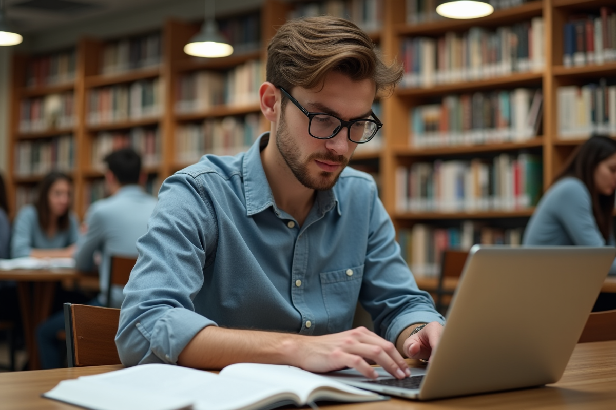 Jeune étudiant étudiant dans une bibliothèque universitaire
