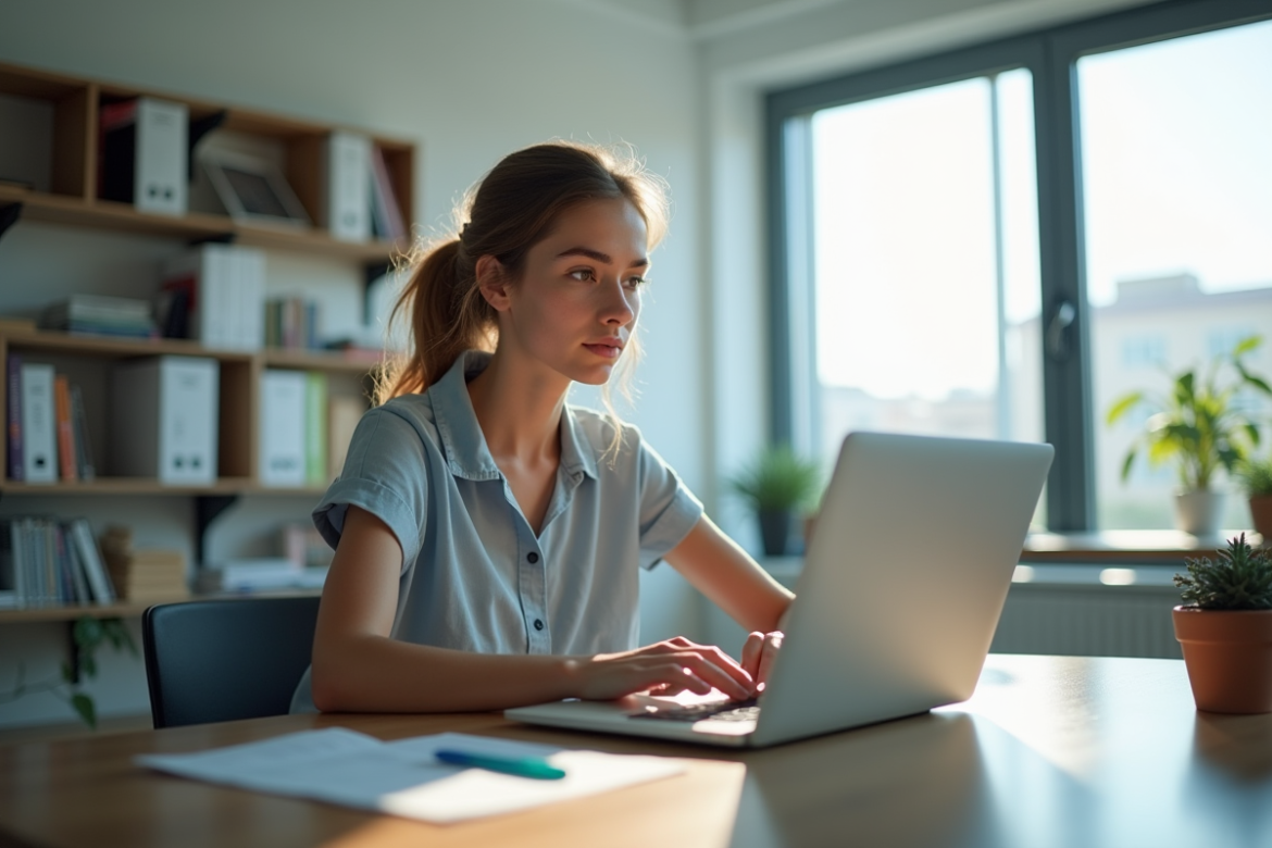 Étudiant universitaire utilisant un ordinateur portable dans une salle lumineuse