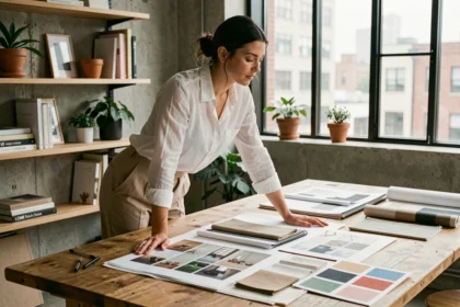 Étudiante en architecture intérieure travaillant sur des planches de tendances et des échantillons de matières dans un studio de design moderne