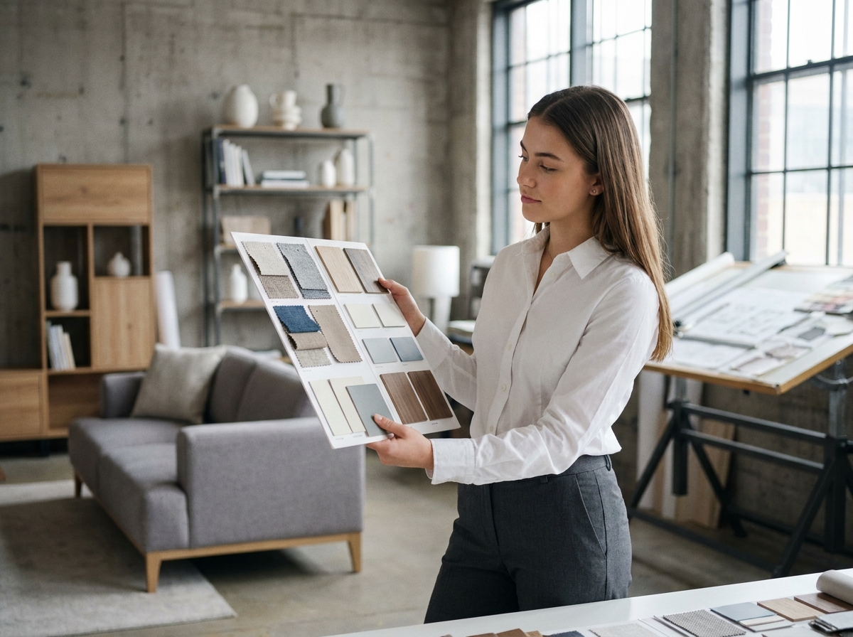 Étudiante en BTS design d'espace tenant un panneau de matériaux dans un studio professionnel de décoration intérieure