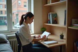 Étudiante en école hôtelière révisant ses cours dans une chambre de résidence universitaire modeste avec bureau en bois et manuels d'hôtellerie