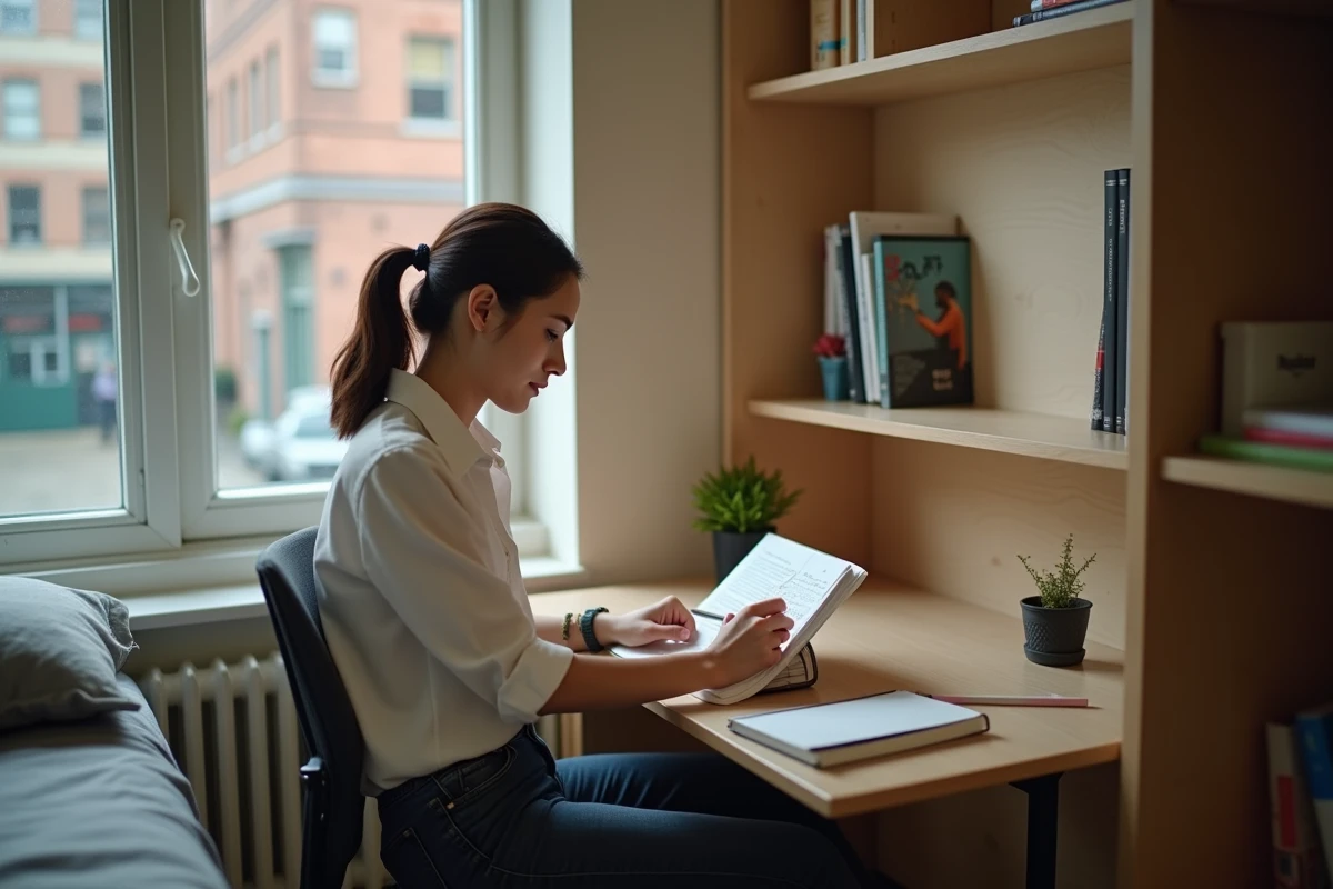 Étudiante en école hôtelière révisant ses cours dans une chambre de résidence universitaire modeste avec bureau en bois et manuels d'hôtellerie