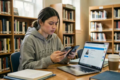 Étudiante comparant deux applications universitaires sur smartphone dans une bibliothèque universitaire