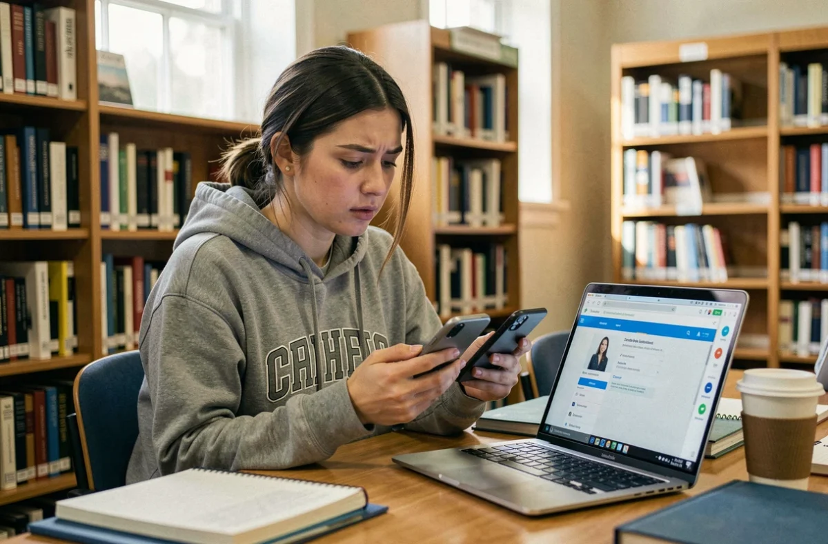 Étudiante comparant deux applications universitaires sur smartphone dans une bibliothèque universitaire