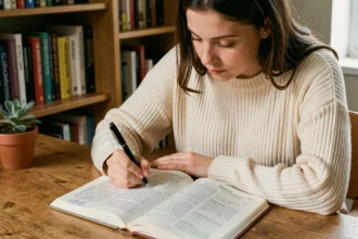 Jeune femme étudiant le conditionnel présent espagnol dans un carnet de grammaire ouvert sur un bureau en bois