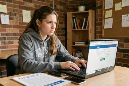 Étudiante devant son ordinateur portable essayant de se connecter à l'ENT Unice avec un message d'erreur affiché à l'écran