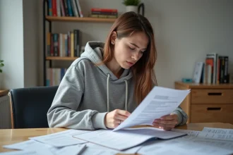 Étudiante lisant attentivement un contrat d'inscription à l'EEMI avec une expression dubitative, entourée de brochures scolaires sur un bureau en bois