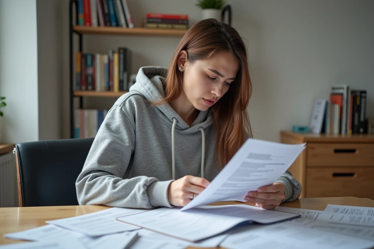 Étudiante lisant attentivement un contrat d'inscription à l'EEMI avec une expression dubitative, entourée de brochures scolaires sur un bureau en bois
