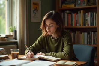 Étudiante en art dramatique qui révise ses textes de théâtre à son bureau au Cours Florent