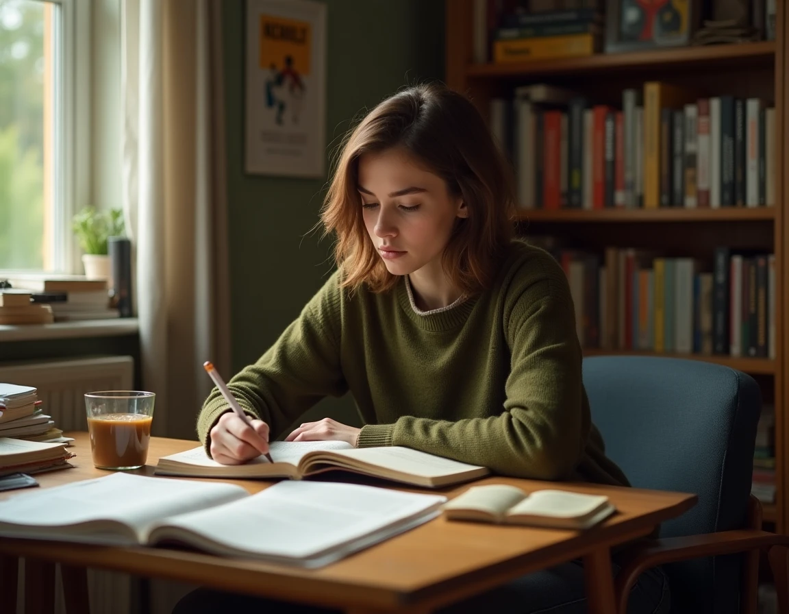 Étudiante en art dramatique qui révise ses textes de théâtre à son bureau au Cours Florent