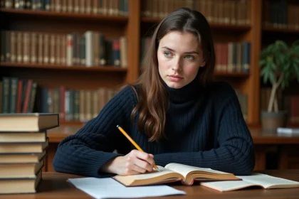 Étudiante annotant un roman classique à une table de bibliothèque universitaire pour préparer une dissertation