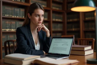 Étudiante en droit préparant le CRFPA avec un outil d'intelligence artificielle juridique sur son ordinateur portable dans une bibliothèque universitaire