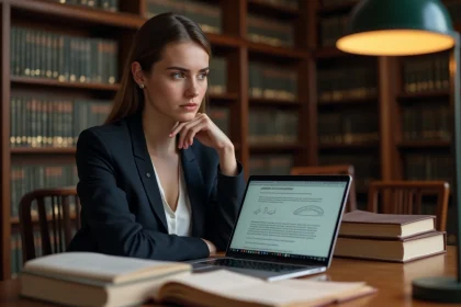 Étudiante en droit préparant le CRFPA avec un outil d'intelligence artificielle juridique sur son ordinateur portable dans une bibliothèque universitaire
