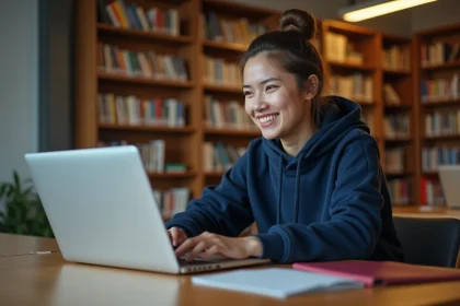 Étudiante consultant l'ENT Centrale Marseille sur son ordinateur portable dans une bibliothèque universitaire