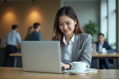 Étudiante en stage accédant à l'ENT CESI sur son ordinateur portable dans un bureau professionnel moderne