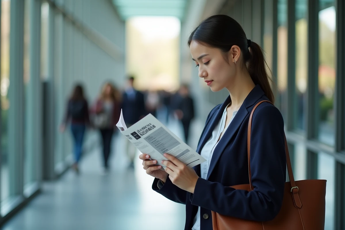 Étudiante lisant un classement d'écoles de commerce dans un couloir d'université