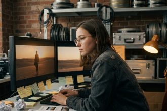 Étudiante en cinéma travaillant sur un poste de montage dans un laboratoire universitaire de film
