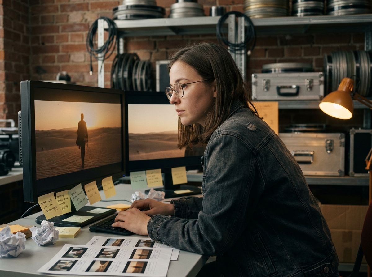 Étudiante en cinéma travaillant sur un poste de montage dans un laboratoire universitaire de film