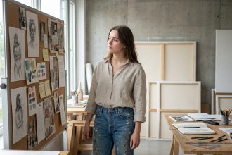 Étudiante en prépa art examinant ses esquisses et références visuelles dans un studio de création après le bac