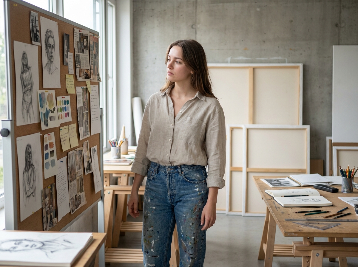 Étudiante en prépa art examinant ses esquisses et références visuelles dans un studio de création après le bac