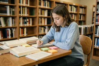 Étudiante en première année de PSBLEARN prenant des notes dans une bibliothèque universitaire entourée de manuels et de fiches colorées