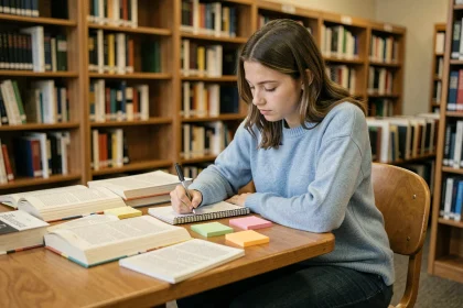 Étudiante en première année de PSBLEARN prenant des notes dans une bibliothèque universitaire entourée de manuels et de fiches colorées