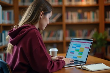 Étudiante synchronisant son emploi du temps universitaire d'Angers sur Google Agenda depuis un ordinateur portable en bibliothèque