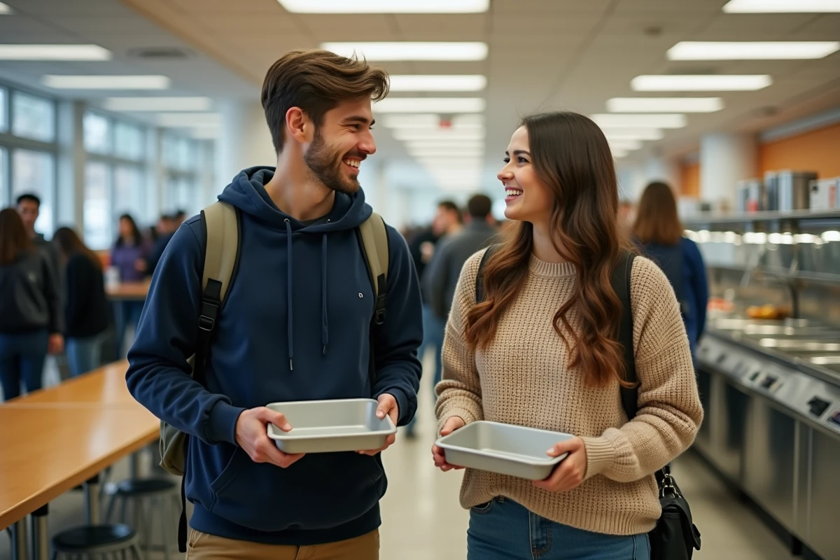 Deux étudiants en école hôtelière IFH faisant la queue à la cafétéria du campus avec leurs plateaux, illustrant le rythme de vie étudiant au quotidien