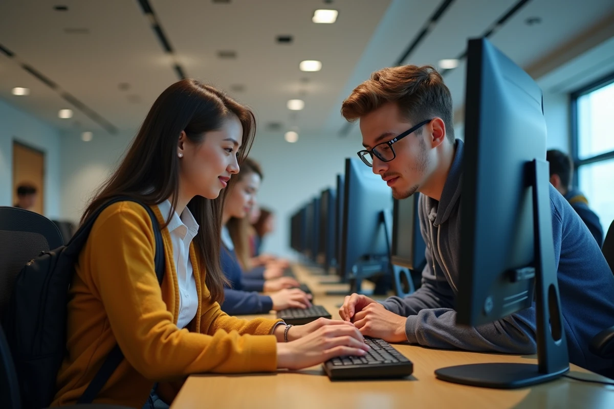 Deux étudiants collaborant sur les services de l'ENT Centrale Marseille dans une salle informatique universitaire