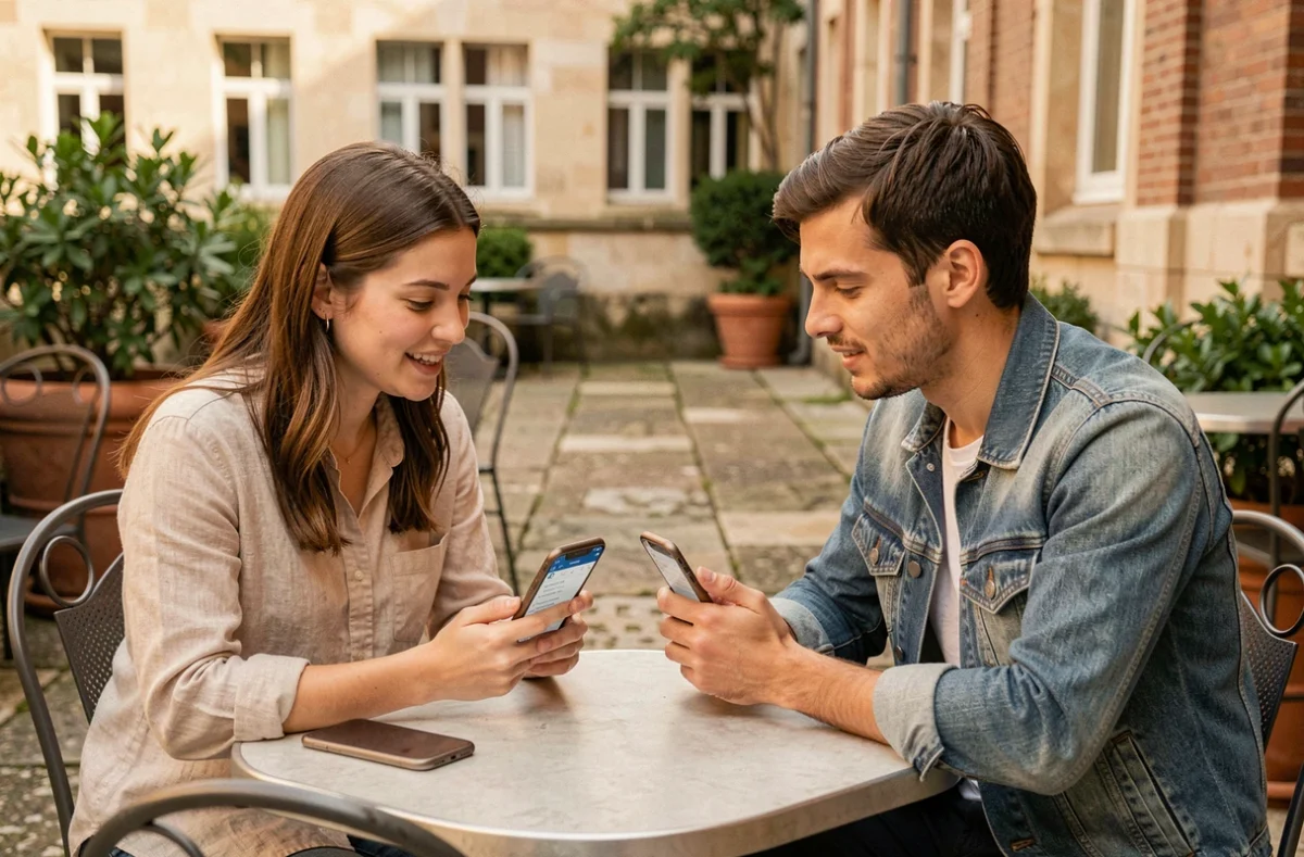 Deux étudiants discutant de leurs applications universitaires sur smartphone en terrasse de café de campus