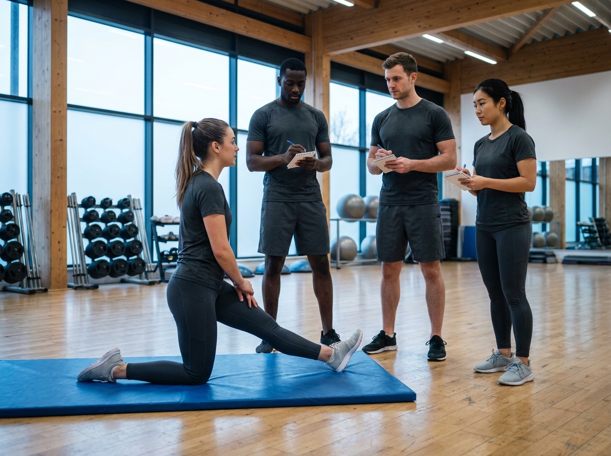 Groupe d'étudiants en formation d'animateur sportif pratiquant des exercices dans une salle de sport