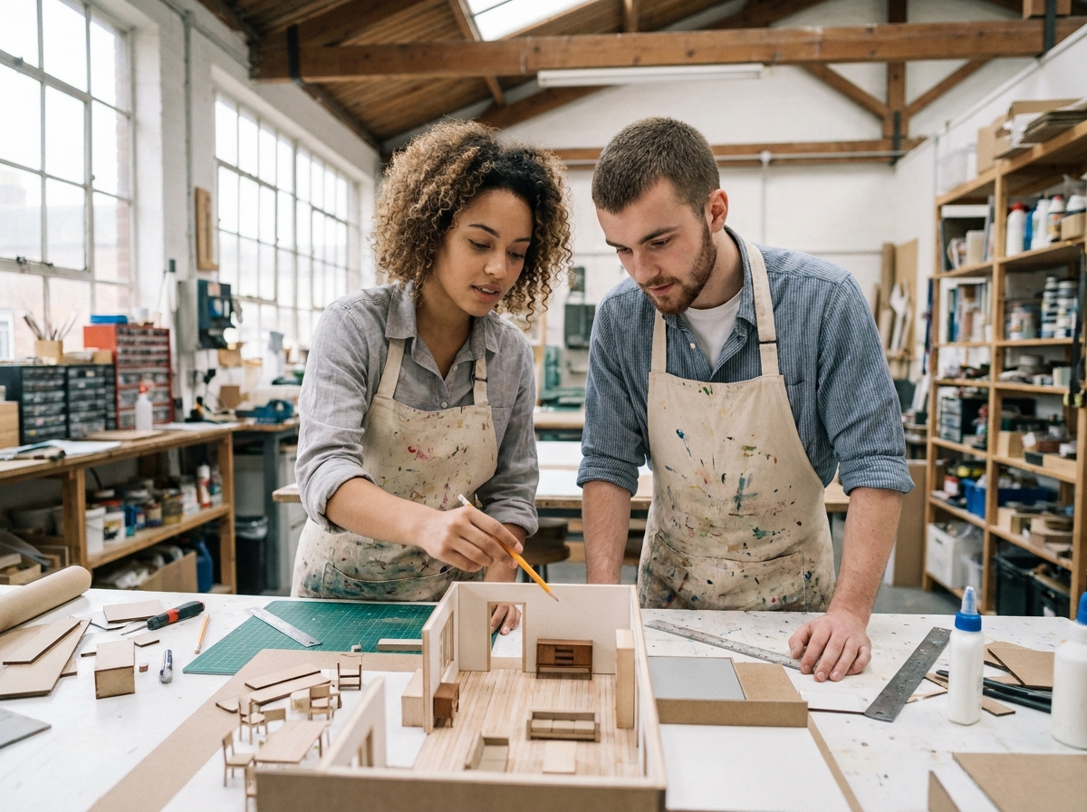 Deux étudiants en lycée professionnel réalisant une maquette de pièce dans le cadre de leur formation en décoration intérieure