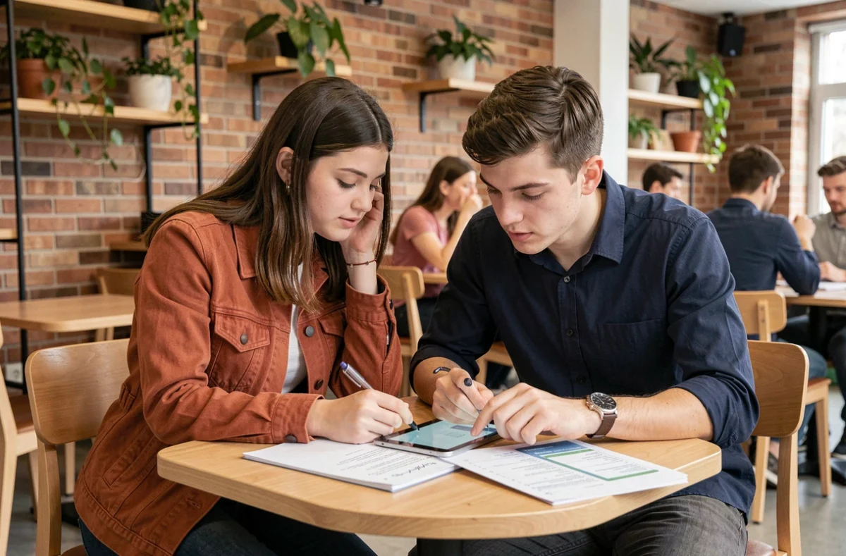 Deux étudiants de première année PSBLEARN collaborant sur leurs notes et agenda dans un espace commun du campus