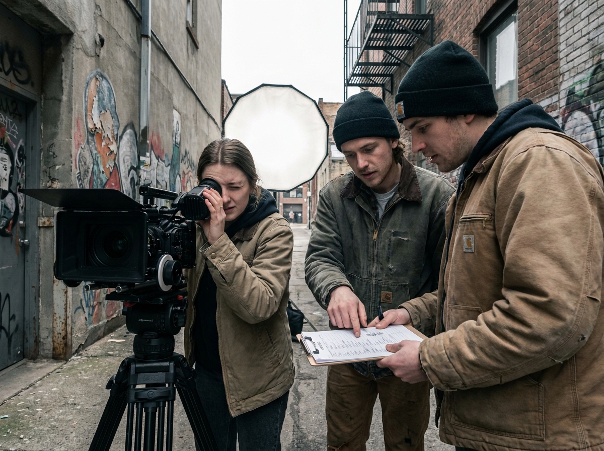 Groupe d'étudiants en cinéma tournant une scène en extérieur urbain avec une caméra professionnelle
