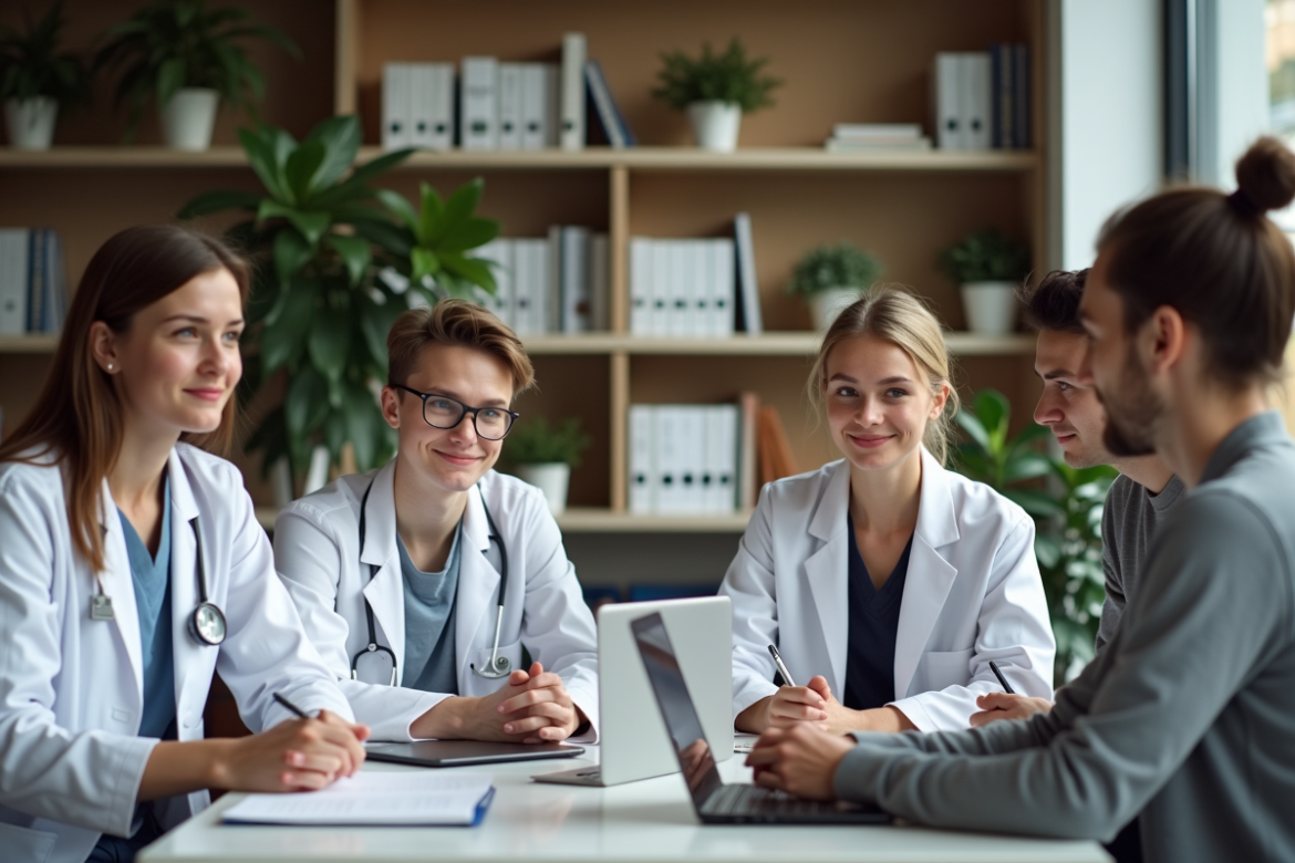 Groupe d'étudiants universitaires en salle d'étude moderne