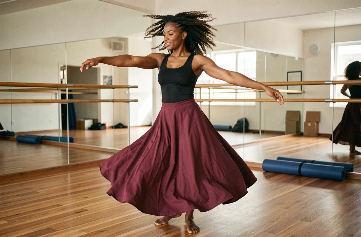 Femme pratiquant le Zouk en solo dans un studio à domicile avec parquet en bois et miroirs muraux