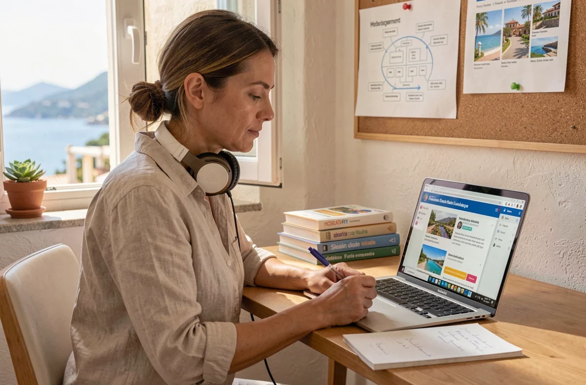 Étudiante suivant une formation à distance en tourisme et hôtellerie chez Exxea depuis son appartement avec vue sur la Méditerranée