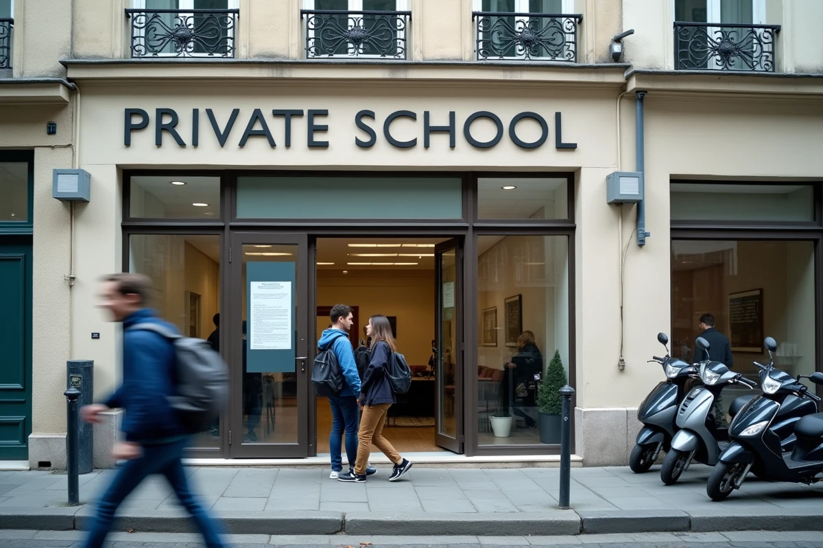 Façade d'un immeuble abritant une école privée parisienne avec des étudiants sortant du bâtiment, dans une rue pavée typique de Paris