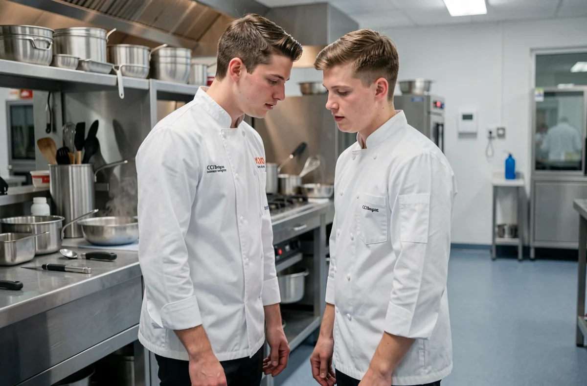 Apprenti en veste de cuisinier observant une démonstration culinaire à la Faculté des Métiers de Rennes CCI Bretagne