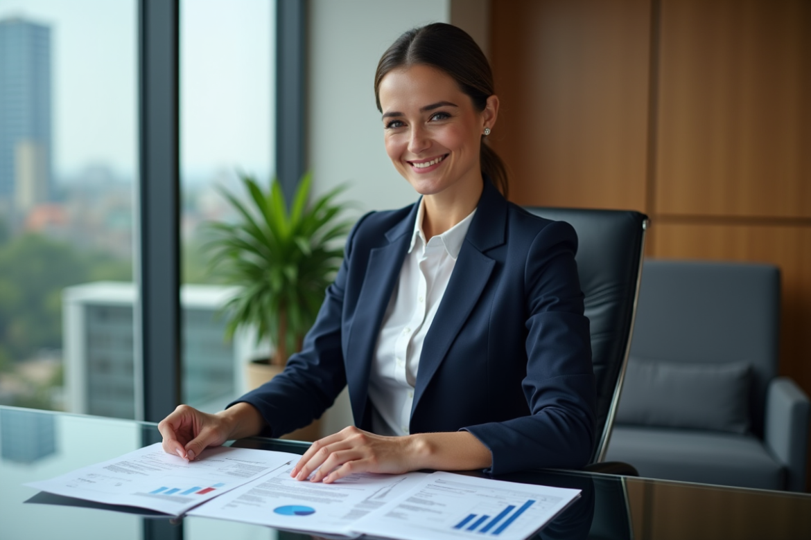 Femme d'affaires confiante en tailleur navy dans un bureau moderne