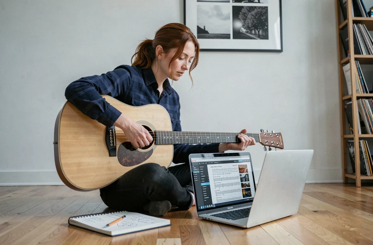 Femme guitariste en train d'apprendre Hallelujah de Jeff Buckley avec une tablature sur ordinateur portable, entourée de notes manuscrites sur le sol de son appartement