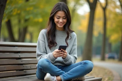 Jeune femme apprenant sur smartphone dans un parc urbain grâce à une application de formation mobile