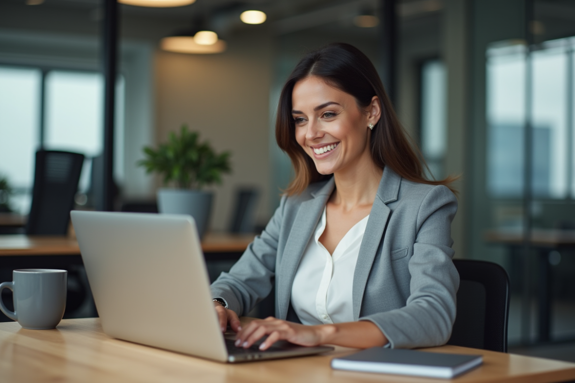 Femme souriante utilisant un site ecommerce sur son ordinateur au bureau