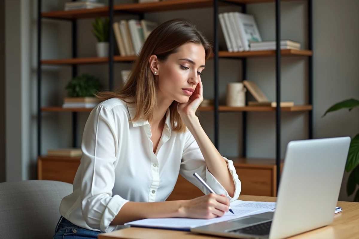 Femme lisant dans un bureau moderne avec livres de grammaire