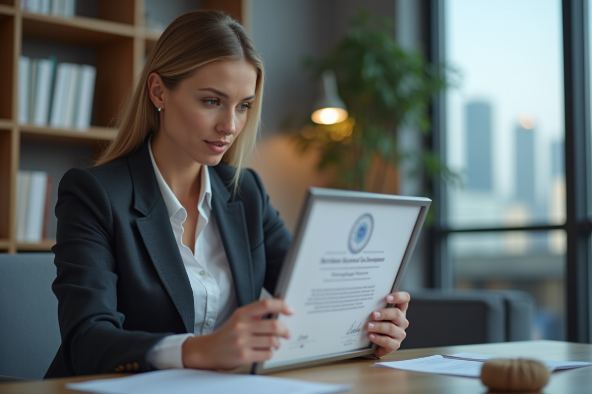Femme en costume examinant une certification dans un bureau moderne