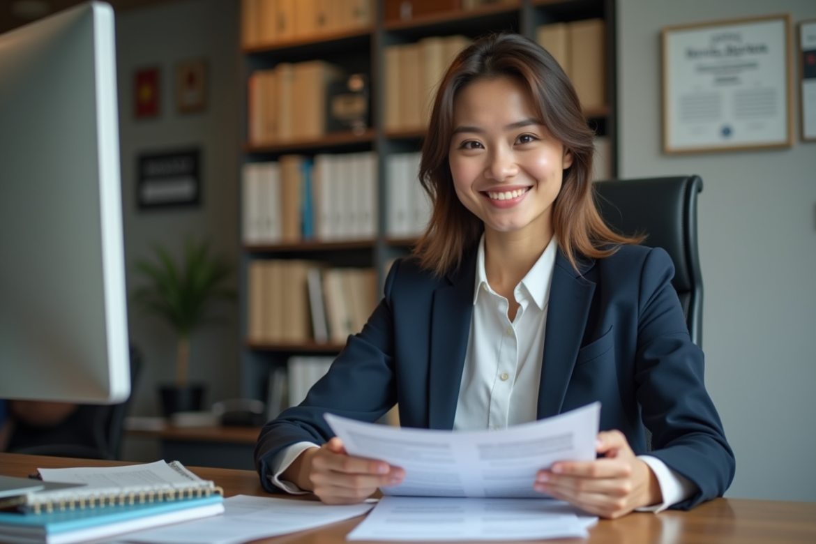 Jeune femme en bureau examinant des documents certifiés